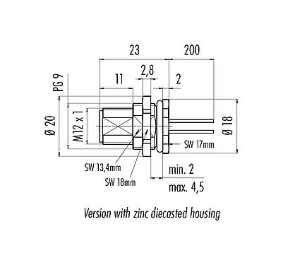 Scale drawing M12 Male panel mount connector, Contacts: 8, unshielded, single wires, IP68, UL 2238, PG 9, Rear mounting