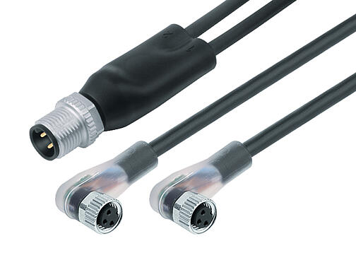 Illustration 77 9829 3608 50003-0200 - M12 Male duo connector - 2 female angled connector M8x1, Contacts: 4/3, unshielded, moulded on the cable, IP67, PUR, black, 3 x 0.34 mm², with LED PNP closer, 2 m