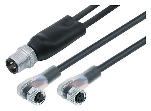 Illustration M12/M8 Connecteur répartiteur de câbles - 2 connecteur d‘angle femelle, Contacts: 4/3, non blindé, surmoulé sur le câble, IP67, UL 2238, PUR, noir, 3 x 0,34 mm², avec LED, PNP, 1 m
