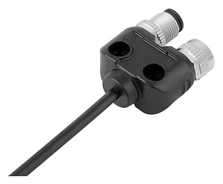 Illustration M12 Twin distributors, Y-distributor, Contacts: 4, unshielded, moulded on the cable, IP68, UL 2238, PUR, black, 4 x 0.25 mm², 1 m