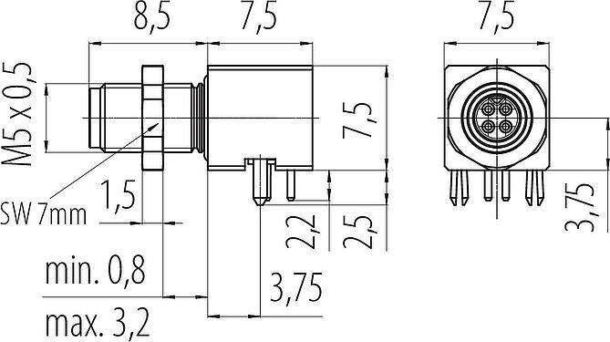 Scale drawing M5 Male angled panel mount connector, Contacts: 4, shieldable, solder, IP68, UL 2238, Rear mounting, potted