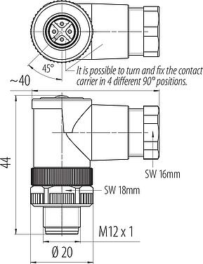 Scale drawing M12 Male angled connector, Contacts: 4, 6.0-8.0 mm, unshielded, screw clamp, IP67, UL 2238