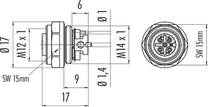 Dessin coté M12 Embase femelle, Contacts: 5, blindable, SMT, IP67, M14x1,0, Montage frontal