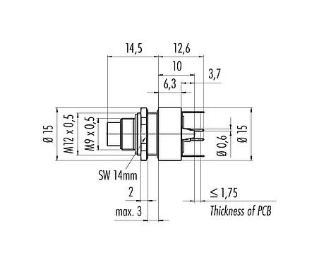 Scale drawing M9 Male panel mount connector, Contacts: 2, shieldable, THT, IP67, M12x0.5, Rear mounting, potted