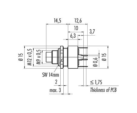 Scale drawing 09 0411 35 04 - M9 Male panel mount connector, Contacts: 4, shieldable, THT, IP67, front fastened