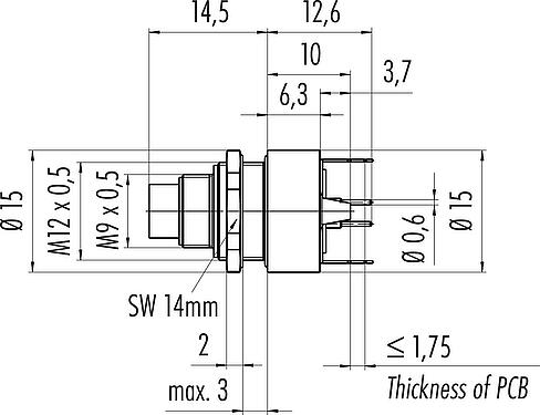 Scale drawing M9 Male panel mount connector, Contacts: 8, shieldable, THT, IP67, M12x0.5, Rear mounting, potted