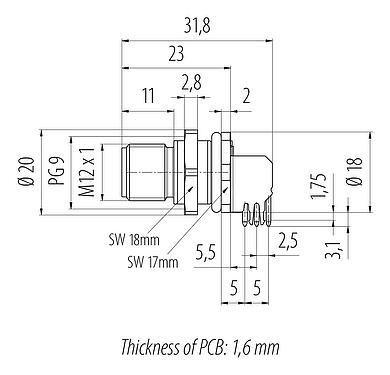 Scale drawing 86 0531 1121 00005 - M12 Male panel mount connector, Contacts: 5, shieldable, THT, IP68, UL 2238, PG 9, rear mounting