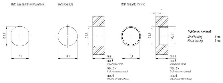 Instructions de montage / Découpe du panneau M8 Embase femelle, Contacts: 4, non blindé, fils, IP67, M8x1,0, Montage frontal