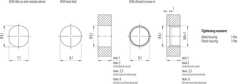 Muestra de montaje M8 Toma de brida, Número de contactos: 4, sin blindaje, hilos, IP67, M8x1,0, Montaje frontal