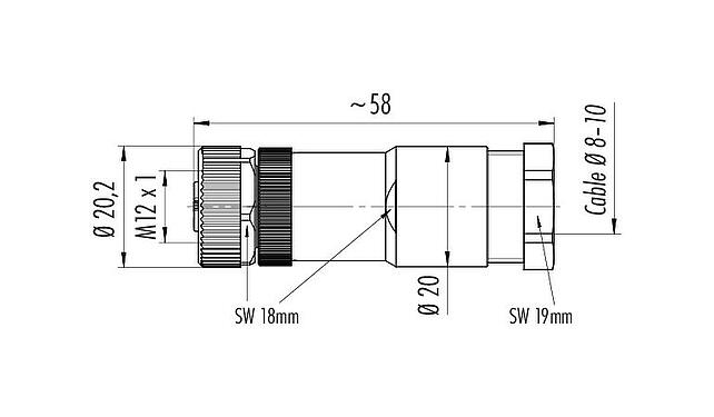 Dessin coté M12 Connecteur femelle, Contacts: 5, 6,0-8,0 mm, non blindé, pince à visser, IP67, UL 2238, VDE, pour l'alimentation électrique