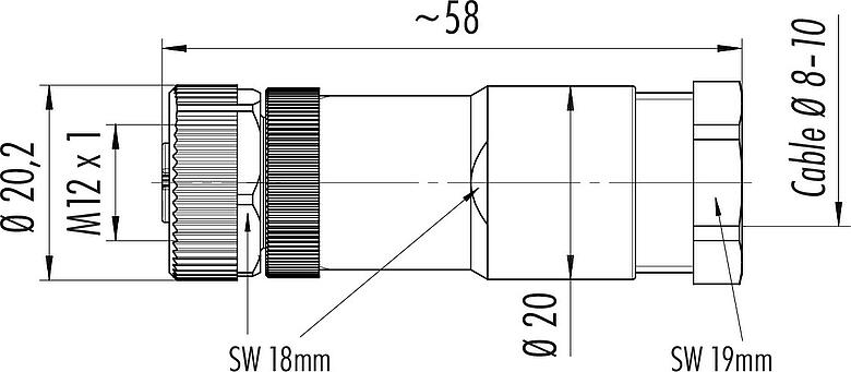 Scale drawing M12 Female cable connector, Contacts: 4, 8.0-10.0 mm, unshielded, screw clamp, IP67, UL 2238, VDE, PG 11, for the power supply