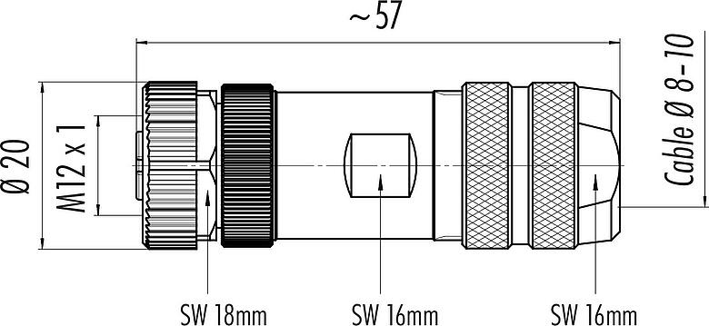 Scale drawing M12 Female cable connector, Contacts: 12, 8.0-10.0 mm, shieldable, solder, IP67, UL 2238, with shielding ring