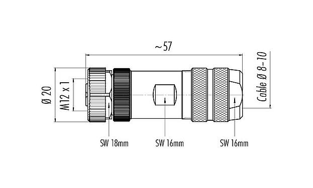 Dessin coté M12 Connecteur femelle, Contacts: 5, 8,0-10,0 mm, blindable, pince à visser, IP67, UL 2238, avec anneau de protection