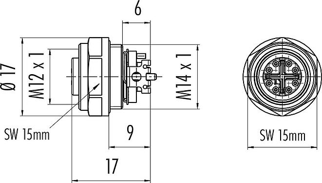 Scale drawing M12 Female panel mount connector, Contacts: 8, shieldable, SMT, IP68, M14x1.0, Rear mounting