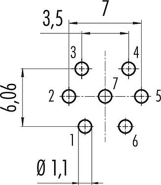 Conductor layout M16 Male panel mount connector, Contacts: 7 (07-a), unshielded, THT, IP40, M18x0,75, Rear mounting