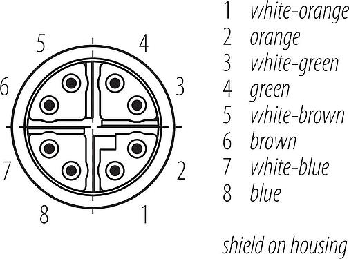 Contact arrangement (Plug-in side) M16 Male cable connector, Contacts: 8, 5.5-9.0 mm, shieldable, IDC, IP67