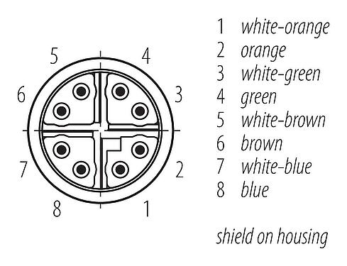 Disposition des contacts (Côté plug-in) M16 Connecteur mâle, Contacts: 8, 5,5-9,0 mm, blindable, IDC, IP67