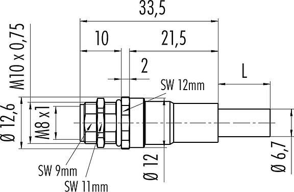 Scale drawing M8 Female panel mount connector, Contacts: 4, shielded, with cable assembled, IP67, M10x0.75, Ethernet, PUR, green, 4 x AWG 22, Rear mounting, potted, 0.5 m