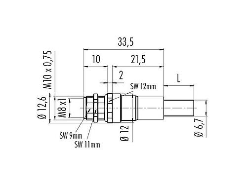 Scale drawing M8 Female panel mount connector, Contacts: 4, shielded, with cable assembled, IP67, M10x0.75, Ethernet, PUR, green, 4 x AWG 22, Rear mounting, potted, 0.5 m