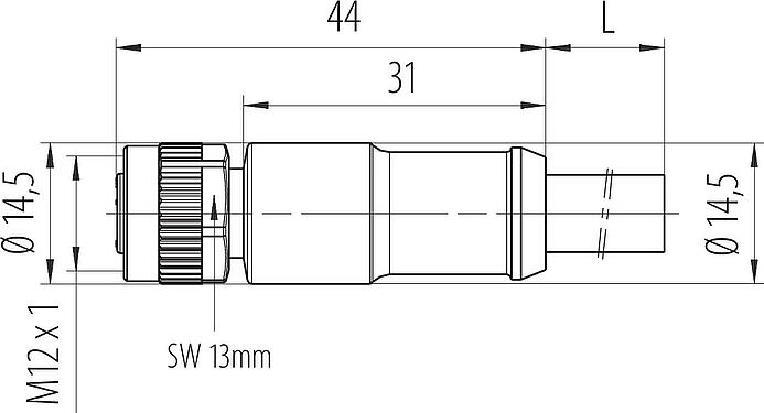 Dessin coté M12 Connecteur femelle, Contacts: 4, non blindé, surmoulé sur le câble, IP68, UL 2238, PUR, noir, 4 x 1,50 mm², 2 m