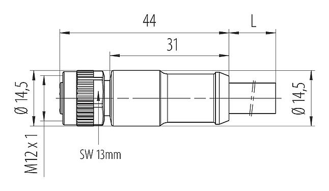 Dibujo a escala M12 Conector de cable hembra, Número de contactos: 4, sin blindaje, moldeado en el cable, IP68, UL 2238, PUR, negro, 4 x 1,50 mm², 5 m