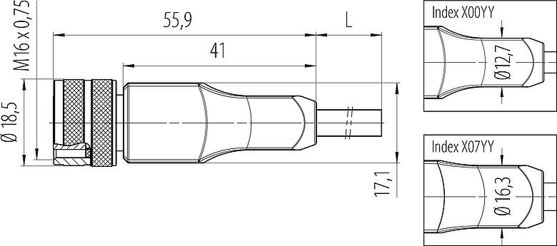 Dessin coté M16 Connecteur femelle, Contacts: 4, blindé, surmoulé sur le câble, IP67, PUR, noir, 4 x 0,34 mm², 2 m