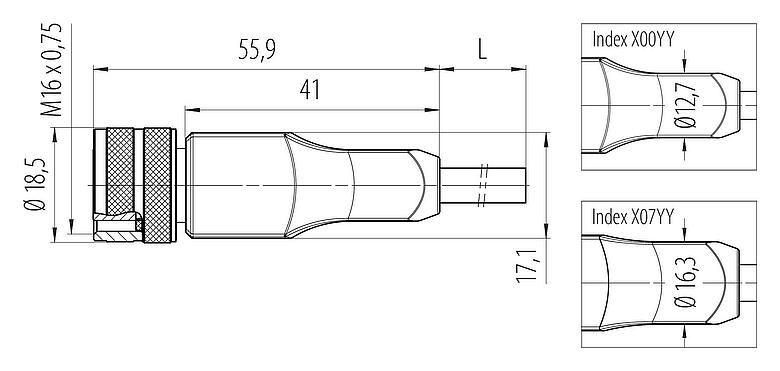 Scale drawing M16 Female cable connector, Contacts: 5, shielded, moulded on the cable, IP67, PUR, black, 5 x 0.34 mm², 5 m
