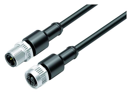 Illustration M12 Connecting cable male cable connector - female cable connector, Contacts: 4, unshielded, moulded on the cable, IP67/IP69K, UL 2238, PUR, black, 4 x 0.34 mm², 0.6 m