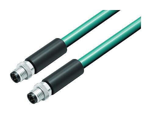 Illustration M8 Câble de raccordement 2 connecteurs mâle, Contacts: 4, blindé, surmoulé sur le câble, IP67, Ethernet CAT5e, TPE, bleu/vert, 2 x 2 x AWG 24, 0,6 m