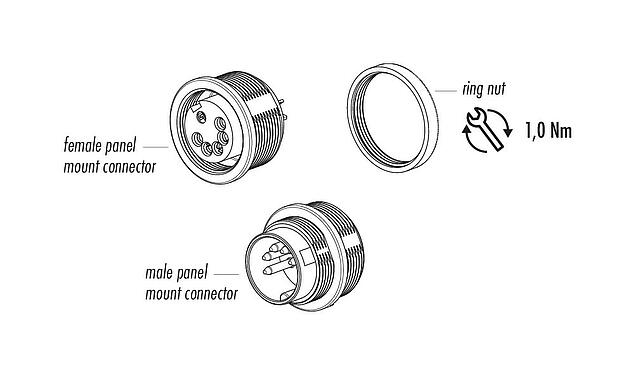 Component part drawing M16 Male panel mount connector, Contacts: 8 (08-a), unshielded, solder, IP40, M18x0,75, Front mounting