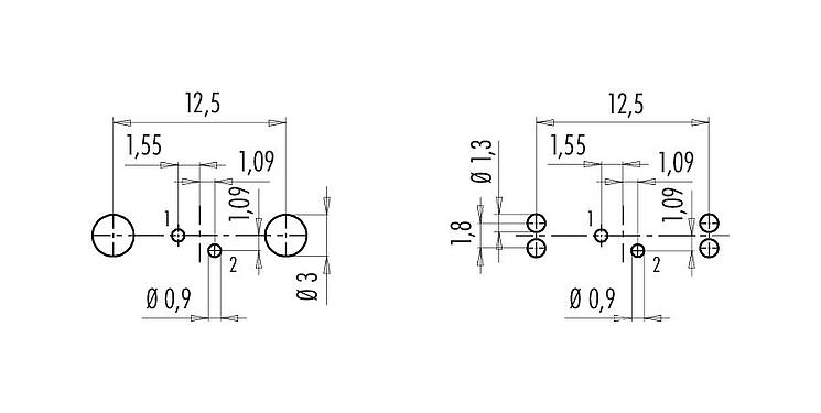 Conductor layout 09 0404 35 02 - M9 Female panel mount connector, Contacts: 2, shieldable, THT, IP67, front fastened