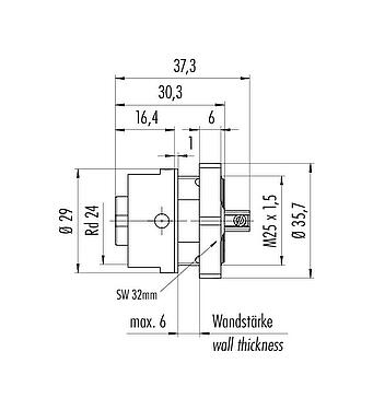 Dibujo a escala RD24 Toma de brida, Número de contactos: 6+PE, sin blindaje, tornillo extraíble, IP67, UL, ESTI+, VDE, Montaje frontal