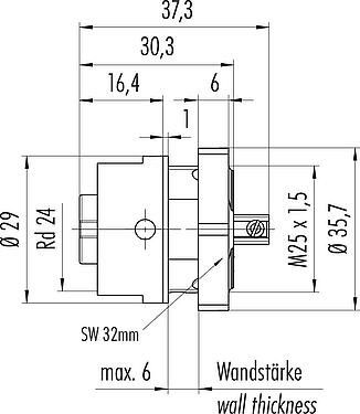 Scale drawing RD24 Female panel mount connector, Contacts: 6+PE, unshielded, screw clamp, IP67, UL, ESTI+, VDE, Front mounting
