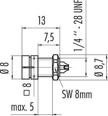 Dessin coté Snap-In Embase mâle, Contacts: 5, non blindé, souder, IP40, 1/4" 28 UNF, Montage frontal