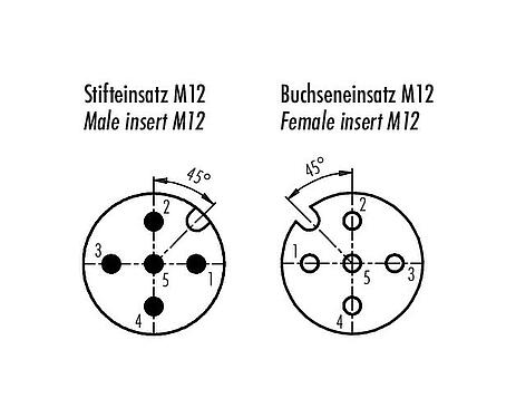 Disposition des contacts (Côté plug-in) M12 Traversée de panneau, Contacts: 5, blindé, enfichable, IP67, M12x1,0