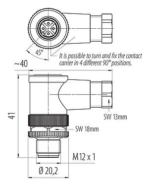 Dessin coté M12 Connecteur mâle coudé, Contacts: 4, 4,0-6,0 mm, non blindé, pince à visser, IP67, UL 2238
