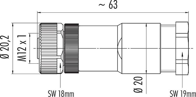 Dessin coté M12 Connecteur femelle, Contacts: 8, 8,0-10,0 mm, non blindé, pince à visser, IP67, UL 2238, PG 11