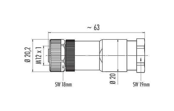 Dessin coté M12 Connecteur femelle, Contacts: 8, 8,0-10,0 mm, non blindé, pince à visser, IP67, UL 2238, PG 11