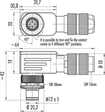 Scale drawing M12 Male angled connector, Contacts: 4, 5.0-8.0 mm, shieldable, screw clamp, IP67, UL 2238, iris spring