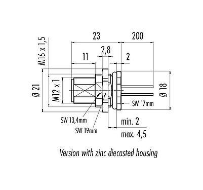 Scale drawing 76 0631 1111 00012-0200 - M12 Male panel mount connector, Contacts: 12, unshielded, single wires, IP68, UL, M16x1.5, front fastened