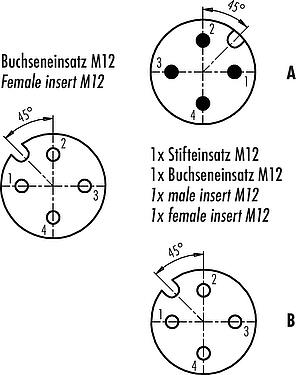 Contact arrangement (Plug-in side) M12 Twin distributors Y-distributor, male connector - 2 female connector, Contacts: 4, unshielded, pluggable, IP68, UL 2238