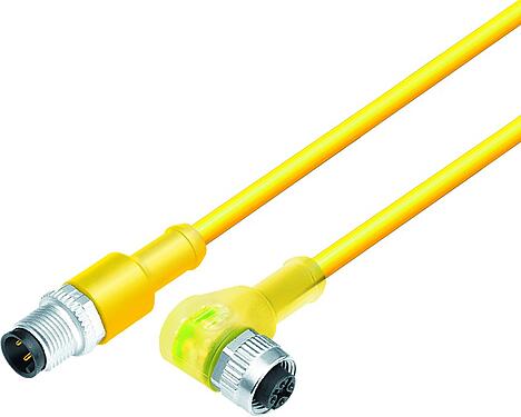 Ilustración M12 Cable de conexión conector de cable macho - conector hembra en ángulo con LED, Número de contactos: 4, sin blindaje, moldeado en el cable, IP68/IP69K, UL 2238, PLTC, TPE-E, amarillo, 4 x AWG 22, con LED PNP, 1 m