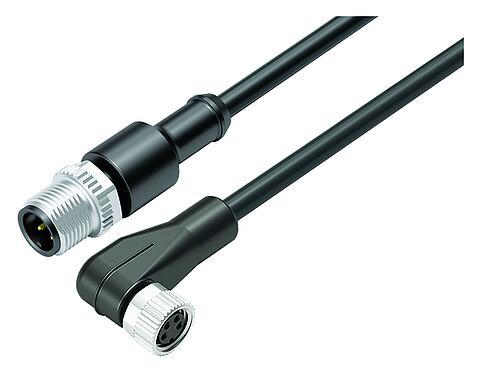 Illustration M12/M8 Connecteur mâle - connecteur d‘angle femelle, Contacts: 4, non blindé, surmoulé sur le câble, IP67/IP69K, UL 2238, PLTC, TPE, noir, 4 x AWG 22, 1 m