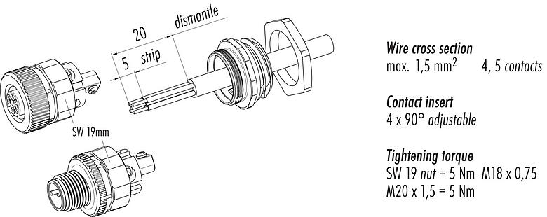 Instrucción de montaje 86 0431 0003 00004 - Enchufe de brida, Número de contactos: 4, sin blindaje, tornillo extraíble, IP67, UL, VDE, M20x1,5
