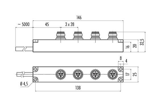 Dessin coté Snap-In Distributeur 4 voies, Contacts: 3, non blindé, surmoulé sur le câble, IP67, 3 x 0,75 mm²