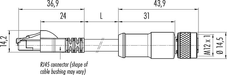 Dessin coté M12/RJ45 Câble de raccordement connecteur femelle - connecteur RJ45, Contacts: 8, blindé, moulé/sertissage, IP67, Ethernet CAT5e, TPE, bleu/vert, 4 x 2 x AWG 24, 2 m
