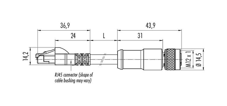 Scale drawing M12/RJ45 Connecting cable female cable connector - RJ45 connector, Contacts: 8, shielded, molded/crimp, IP67, Ethernet CAT5e, TPE, teal, 4 x 2 x AWG 24, 2 m