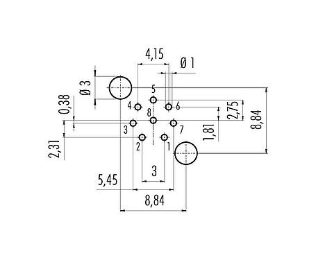 Conductor layout M12 Female panel mount connector, Contacts: 8, shieldable, THT, IP68, UL 2238, PG 9, Rear mounting, potted