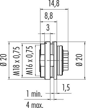 Scale drawing M16 Female panel mount connector, Contacts: 6 (06-a), unshielded, crimping (Crimp contacts must be ordered separately), IP40, M18x0,75, Rear mounting