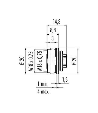 Scale drawing M16 Female panel mount connector, Contacts: 5 (05-a), unshielded, crimping (Crimp contacts must be ordered separately), IP40, M18x0,75, Rear mounting